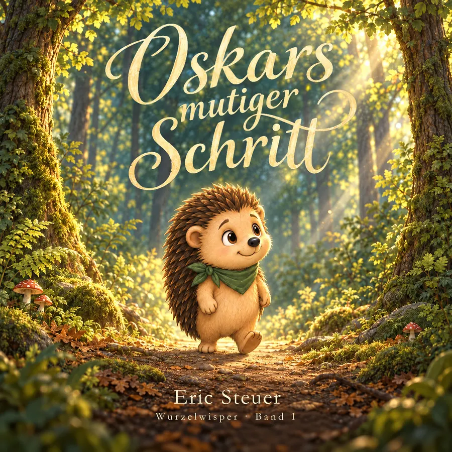 Buchcover von „Oskars mutiger Schritt“: Der kleine Igel Oskar mit grünem Halstuch geht auf einem sonnigen Waldweg.
