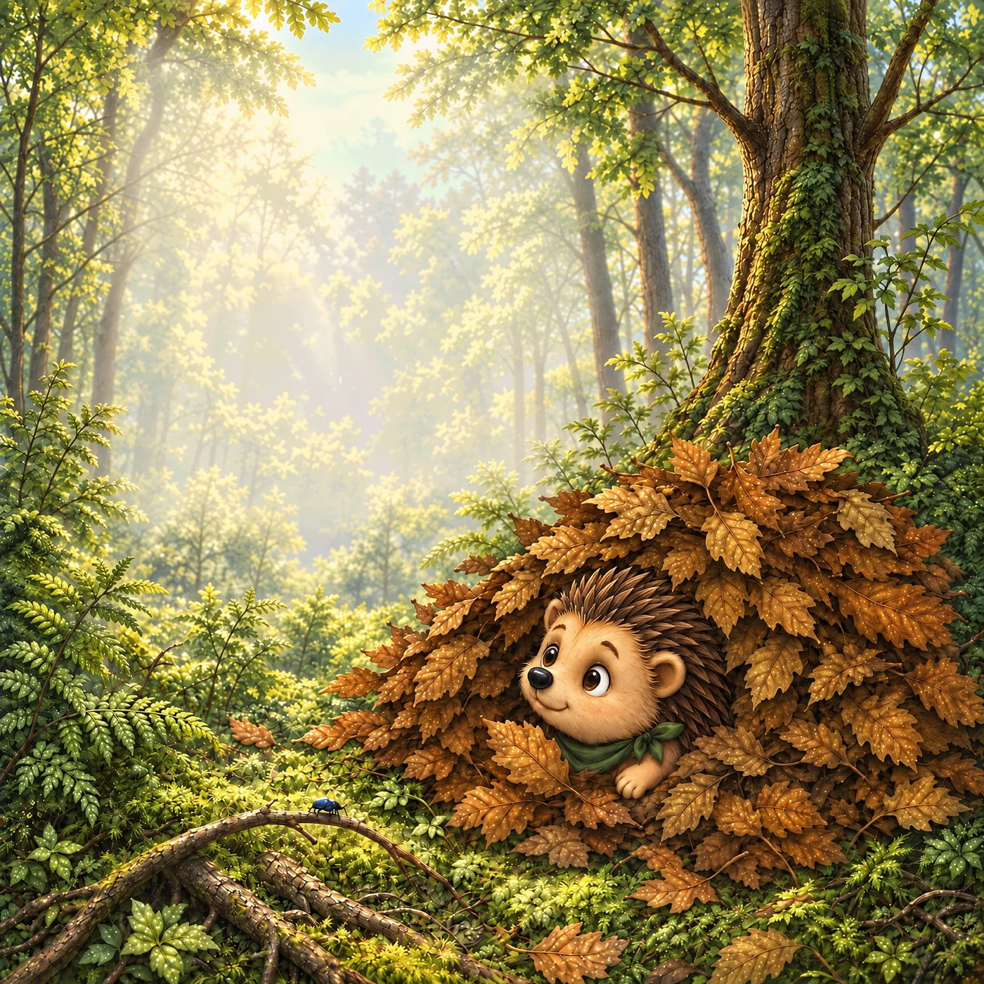 Oskar schaut am frühen Morgen aus seinem Laubhaufen am Fuß eines großen Baumes. Links oben liegt heller Morgendunst über dem Wald.
