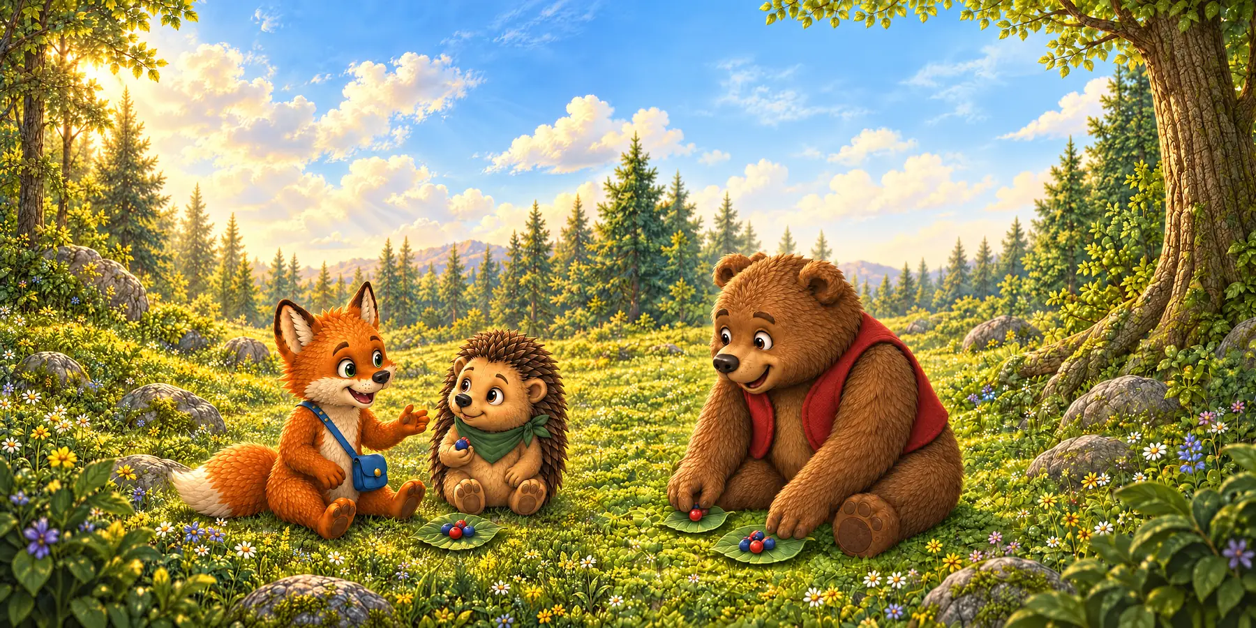 Oskar, Finn und Bruno sitzen auf der Mooswiese und teilen Beeren.