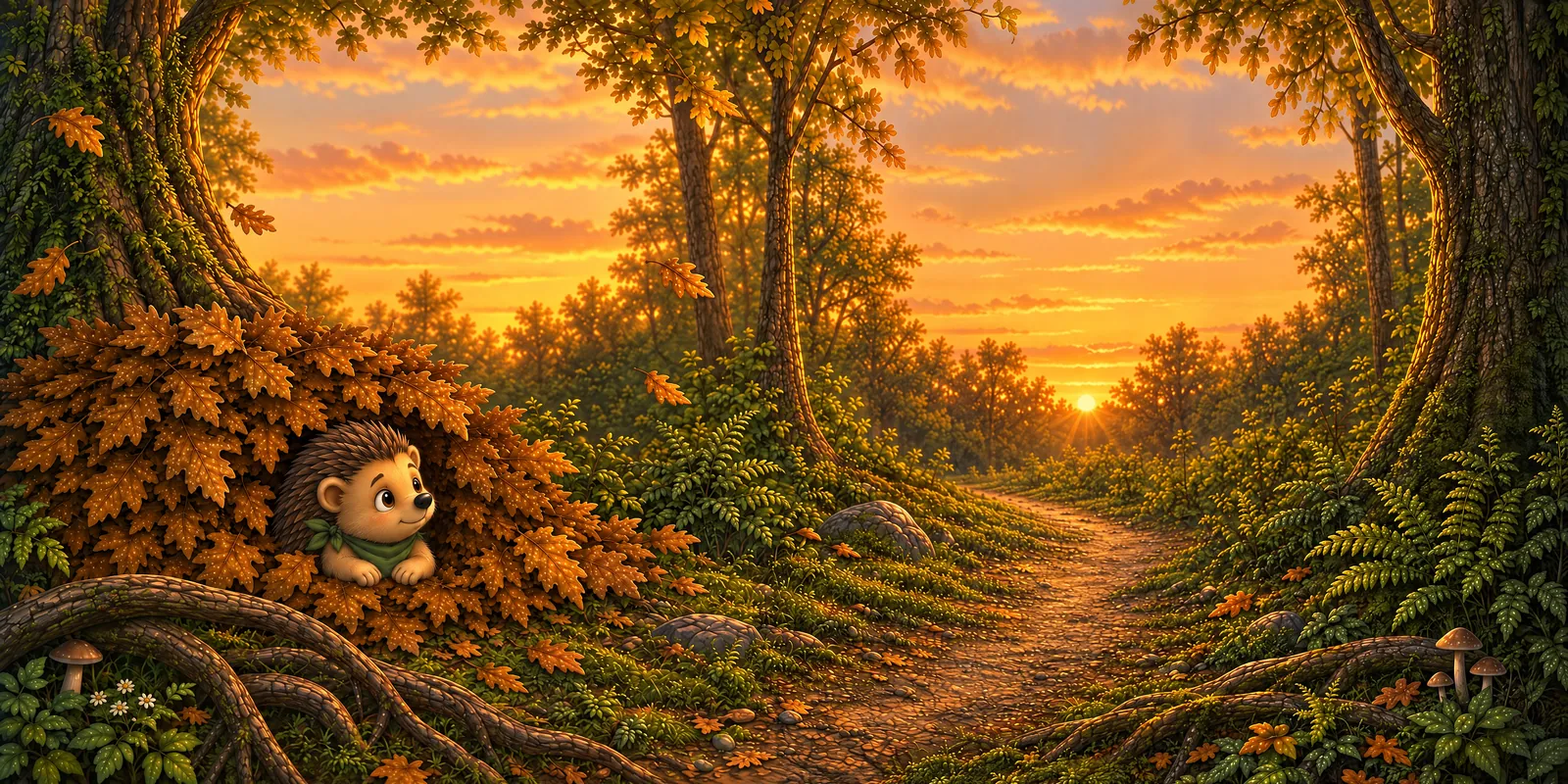 Abends im Silberwald: Oskar schaut aus seinem Laubhaufen, die Sonne geht hinter den Bäumen unter.
