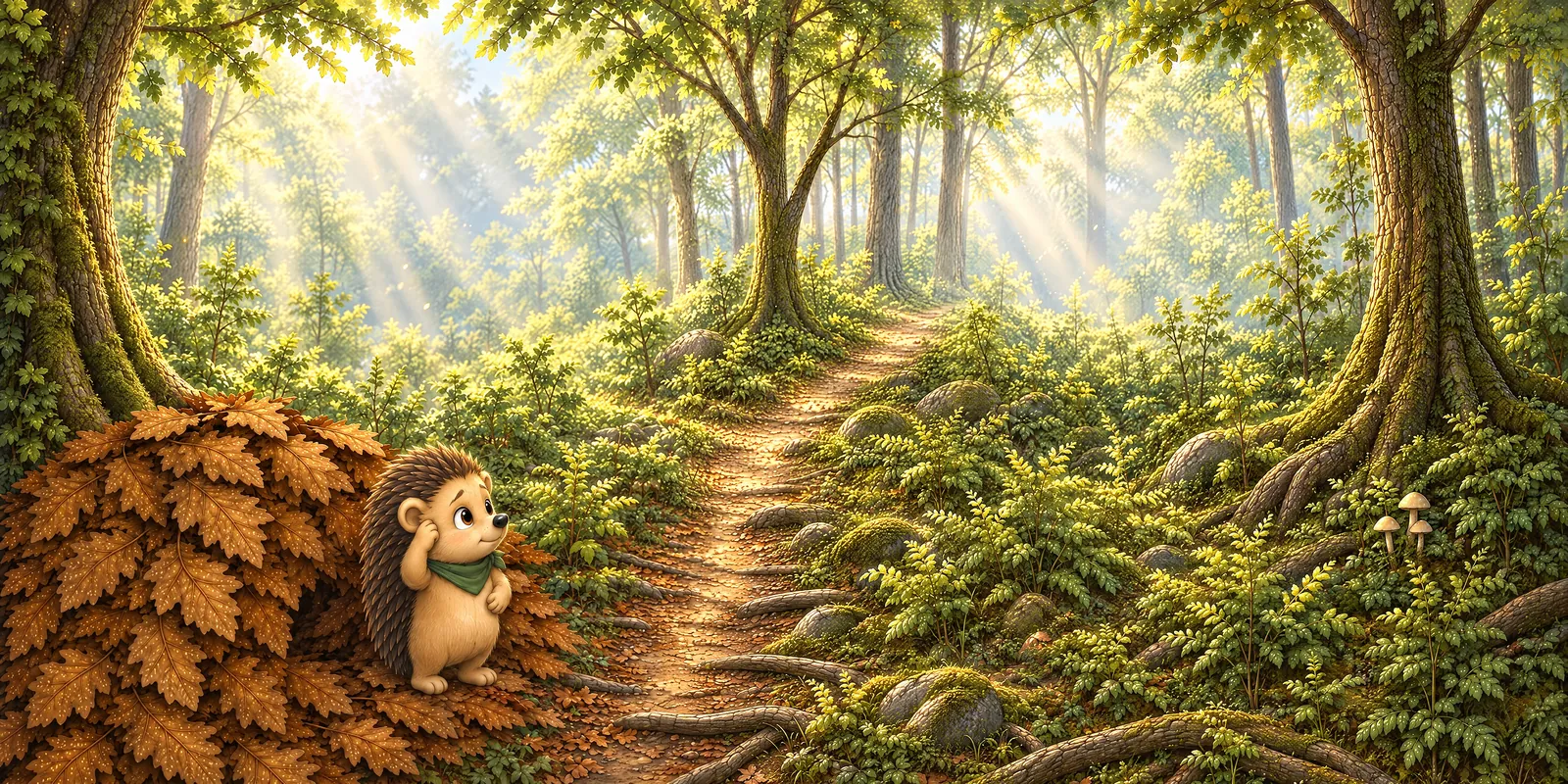 Morgens im Silberwald: Der kleine Igel Oskar steht vor seinem Laubhaufen. Ein sonniger Pfad führt zwischen Farnen und alten Bäumen in den Wald.